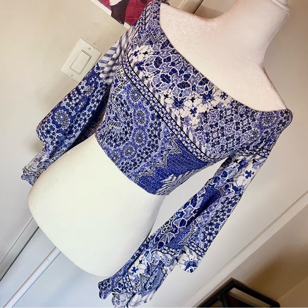 Blue Patterned Off-Shoulder Women's Top